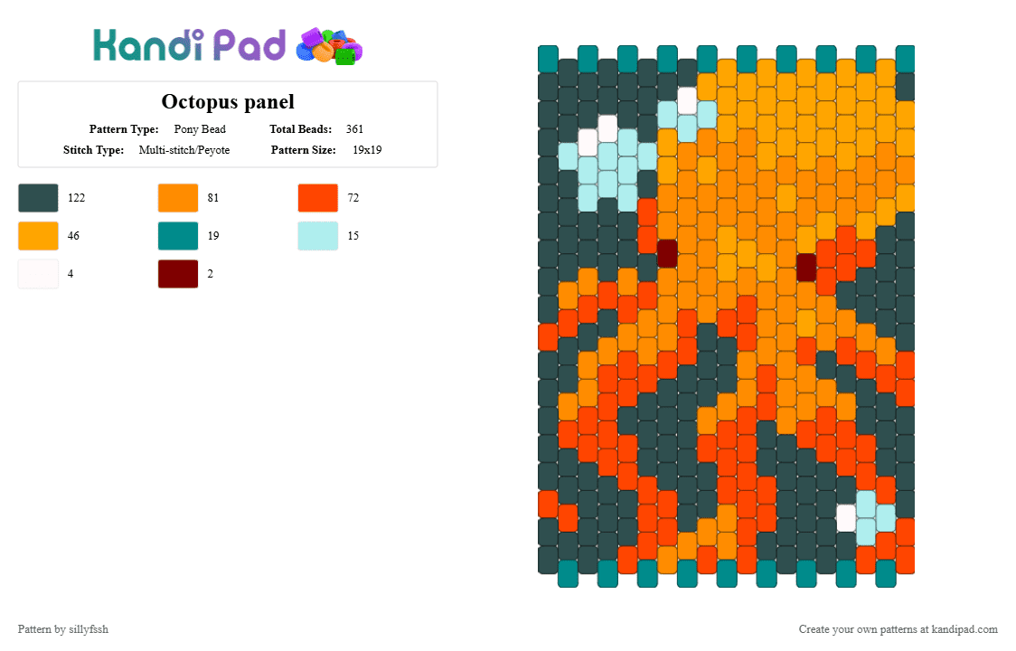 Octopus panel - Pony Bead Pattern by sillyfssh on Kandi Pad - orange,red,gray,octopus,ocean,sea creatures,cephalopod,panel