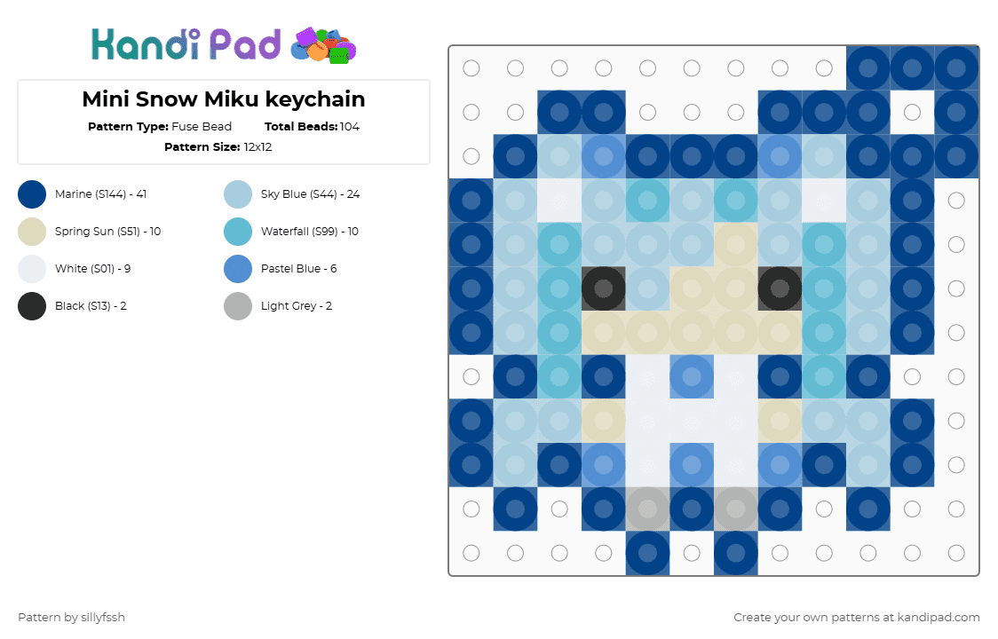 Mini Snow Miku keychain - Fuse Bead Pattern by sillyfssh on Kandi Pad - light blue,blue,miku,winter,snow,new year,music,vocaloid