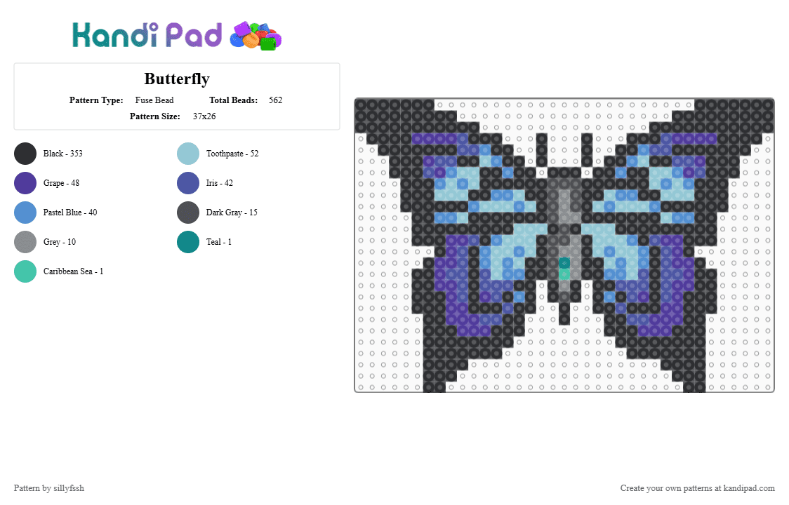 Butterfly - Fuse Bead Pattern by sillyfssh on Kandi Pad - black,purple,light blue,butterfly,elder faerie,elder fairy,fairy,crk,cookie run
