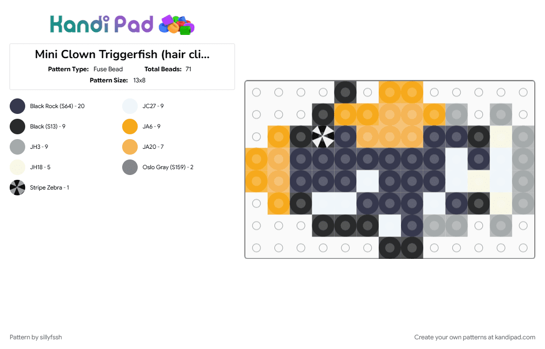 Mini Clown Triggerfish (hair clip size) - Fuse Bead Pattern by sillyfssh on Kandi Pad - animal, clown, clown triggerfish, fish, ocean, orange, purple, triggerfish
