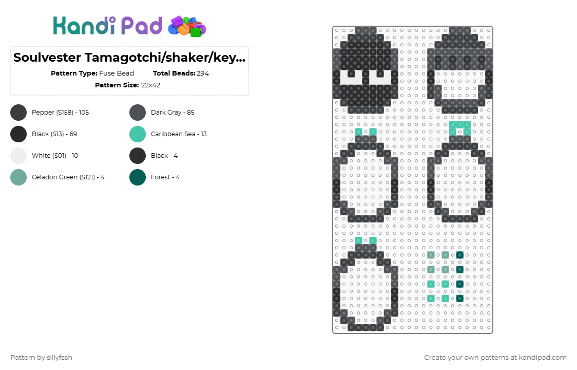 Soulvester Tamagotchi/shaker/keychain - Fuse Bead Pattern by sillyfssh on Kandi Pad - black,gray,soulvester,tamagotchi,keychain,shaker,roblox,dandys world