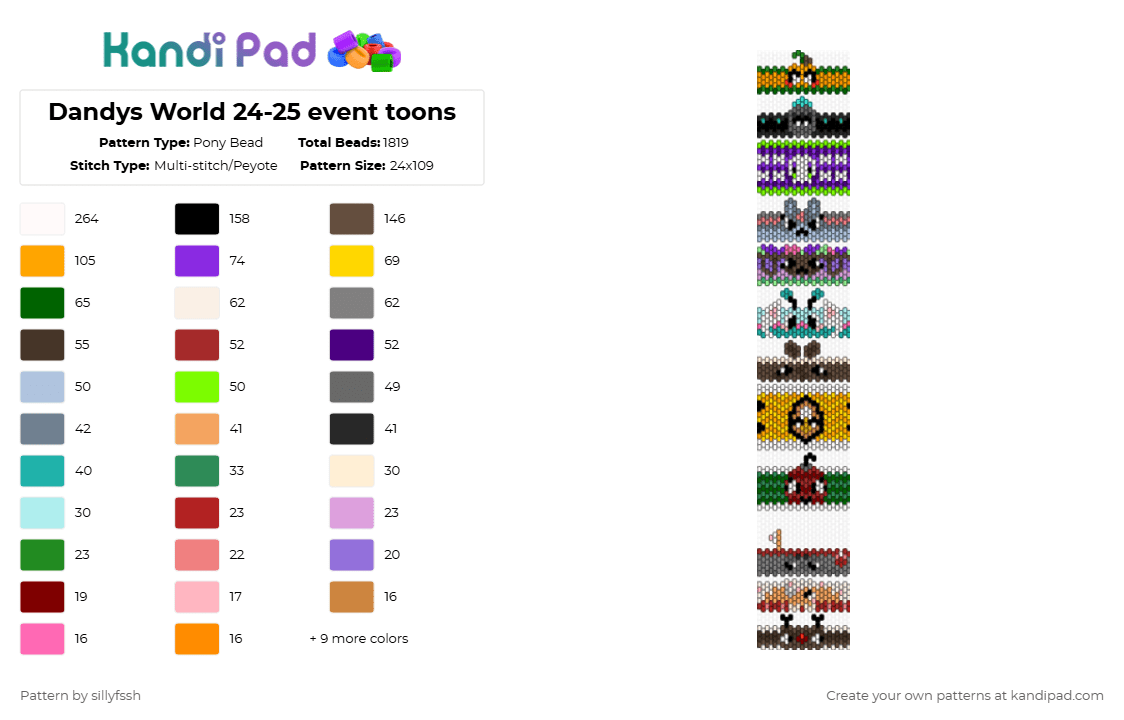 Dandys World 24-25 event toons - Pony Bead Pattern by sillyfssh on Kandi Pad - brown,orange,green,colorful,dandys world,roblox,video game,holiday,christmas,halloween,easter