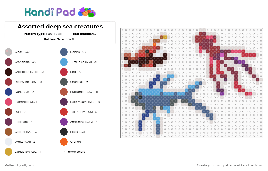 Assorted deep sea creatures - Fuse Bead Pattern by sillyfssh on Kandi Pad - brown,red,beige,blue,cotdunderwaterworld,deep sea,ocean,sea creatures,fish,anglerfish,squid