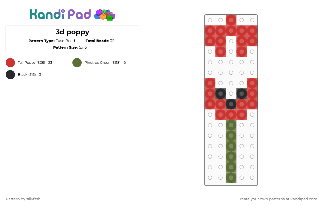 3d poppy - Fuse Bead Pattern by sillyfssh on Kandi Pad - red,poppy,flower,nature,cute