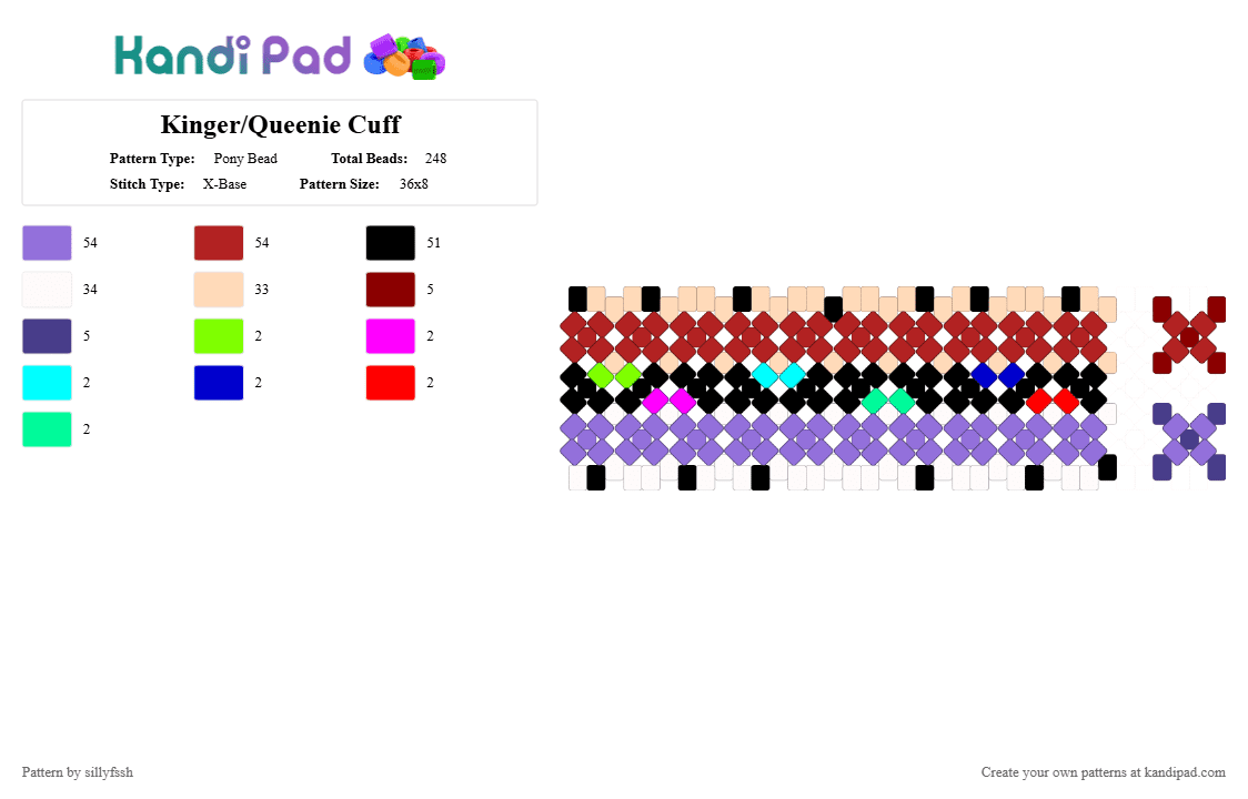 Kinger/Queenie Cuff - Pony Bead Pattern by sillyfssh on Kandi Pad - purple,red,beige,tadc,kinger,queenie,digital circus