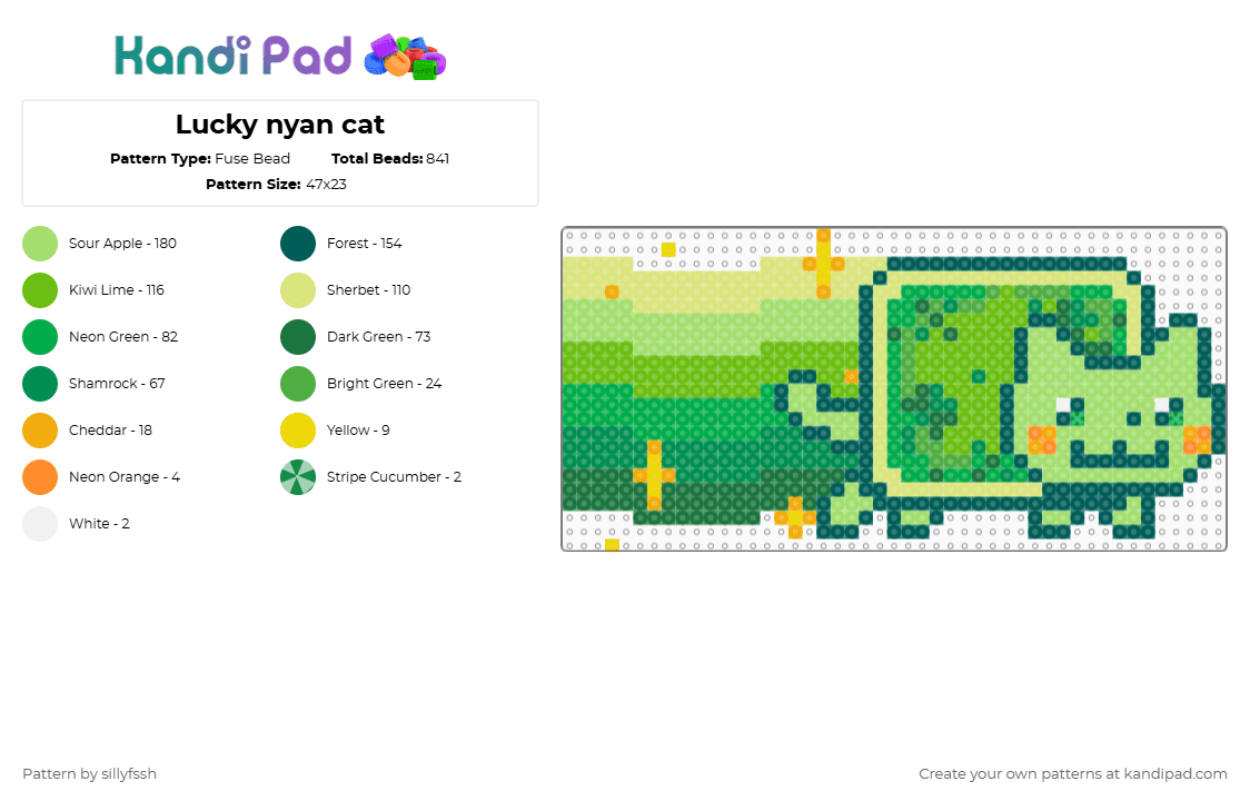 Lucky Nyan cat - Fuse Bead Pattern by sillyfssh on Kandi Pad - green,saint patricks day,clover,nyan,money