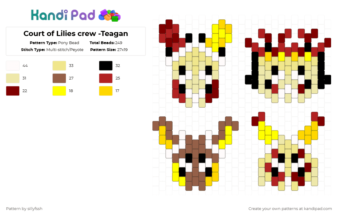 Court of Lilies crew -Teagan - Pony Bead Pattern by sillyfssh on Kandi Pad - yellow,dandys world,court of lilies,looey,bassie,cocoa,yatta