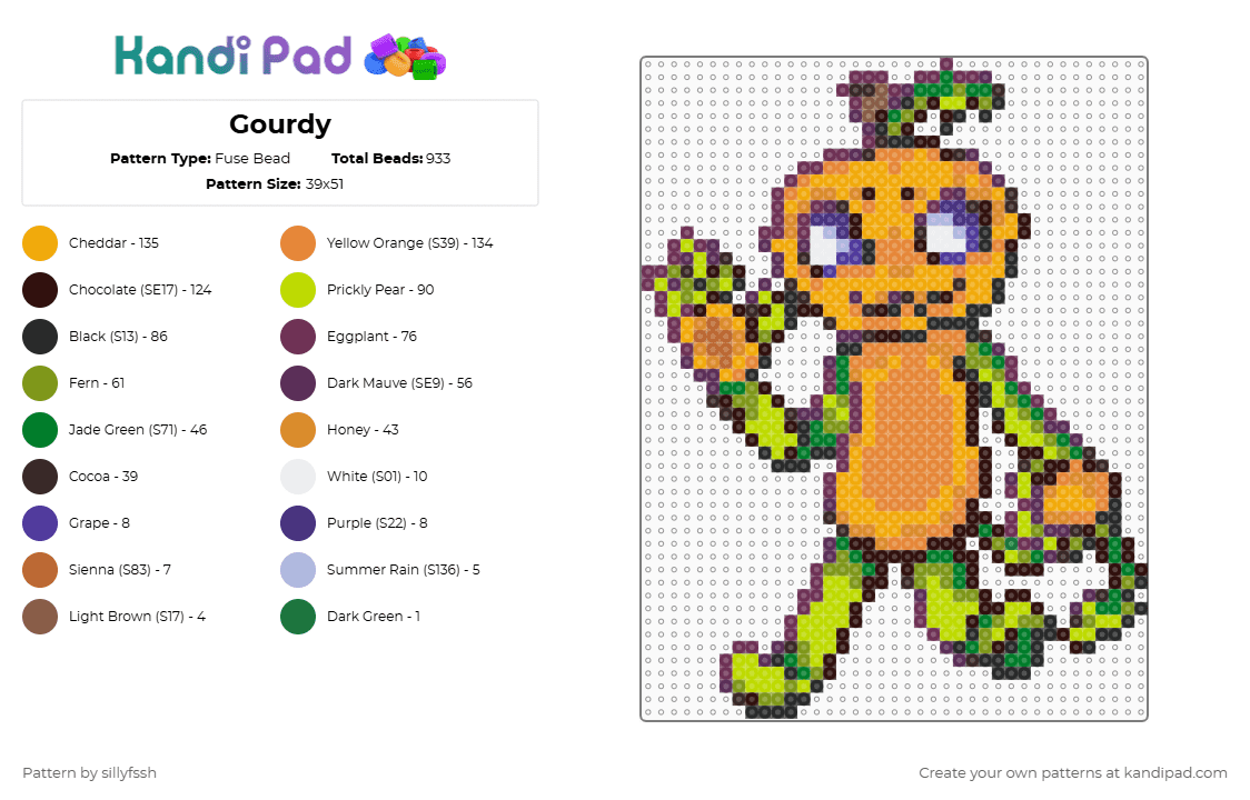 Gourdy - Fuse Bead Pattern by sillyfssh on Kandi Pad - pink,brown,orange,green,gourdy,dandys world,roblox,halloween,pumpkin