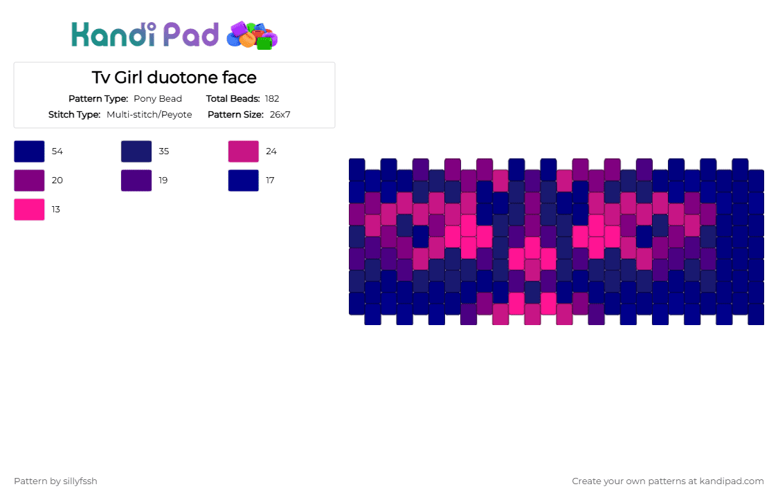 Tv Girl duotone face - Pony Bead Pattern by sillyfssh on Kandi Pad - blue, cotdduotone, face, pink, purple, tv girl