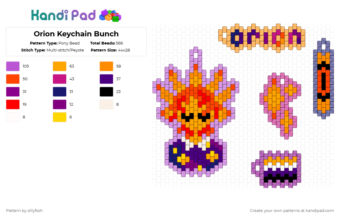 Orion Keychain Bunch - Pony Bead Pattern by sillyfssh on Kandi Pad - keychain,oc,sun,charm,star,purple,orange