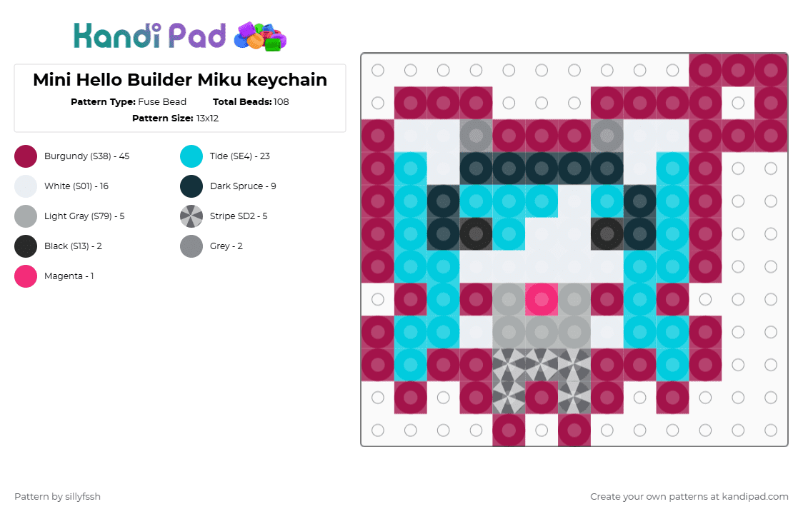 Mini Hello Builder Miku keychain - Fuse Bead Pattern by sillyfssh on Kandi Pad - pink,miku,vocaloid,hello builder,music,songs