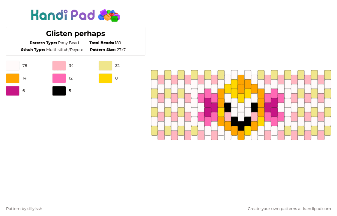 Glisten perhaps - Pony Bead Pattern by sillyfssh on Kandi Pad - pink,yellow,glisten,dandys world,roblox,video game,gold