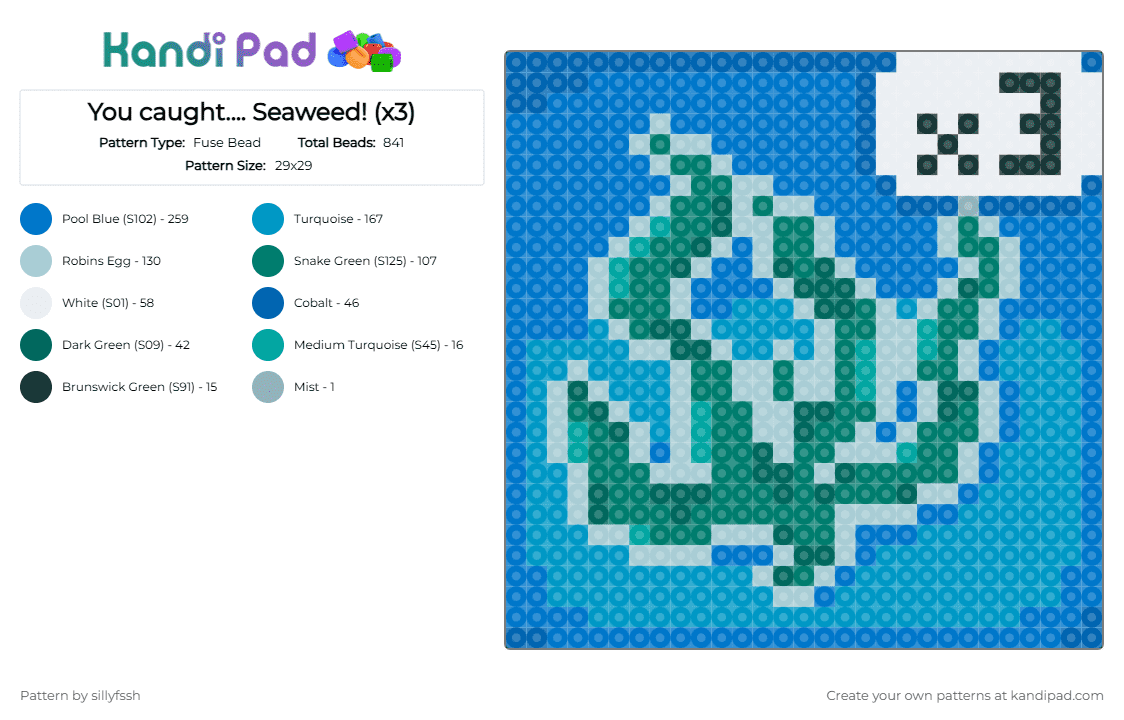 You caught.... Seaweed! (x3) - Fuse Bead Pattern by sillyfssh on Kandi Pad - light blue,blue,cotdfishing,fishing