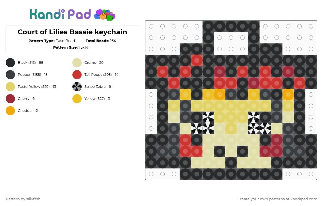 Court of Lilies Bassie keychain - Fuse Bead Pattern by sillyfssh on Kandi Pad - black,yellow,red,circus,bassie,dandys world
