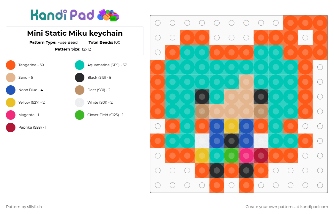 Mini Static Miku keychain - Fuse Bead Pattern by sillyfssh on Kandi Pad - teal,orange,miku,static,tv,vocaloid,music,songs
