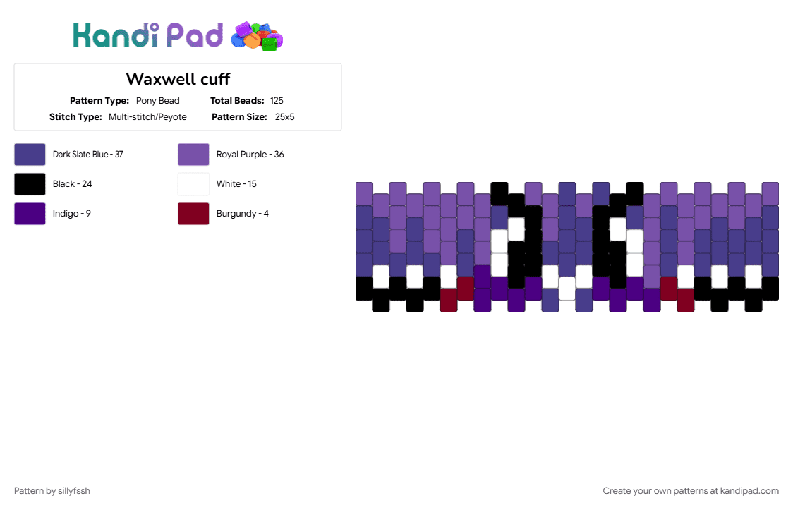 Waxwell cuff - Pony Bead Pattern by sillyfssh on Kandi Pad - dandys world, dandysworld, purple, waxwell