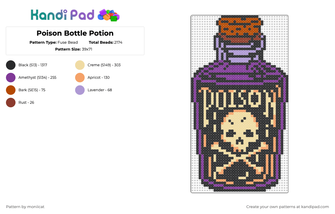Poison Bottle Potion - Fuse Bead Pattern by moniicat on Kandi Pad - poison,skull,crossbones,jar,cork,bottle,potion,magic,fantasy,drink,halloween,spooky,food,black,pink,beige