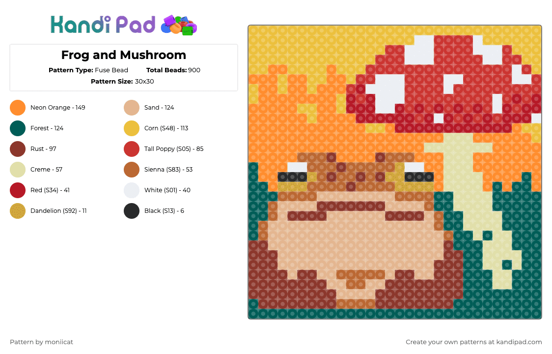 Frog and Mushroom - Fuse Bead Pattern by moniicat on Kandi Pad - orange,yellow,red