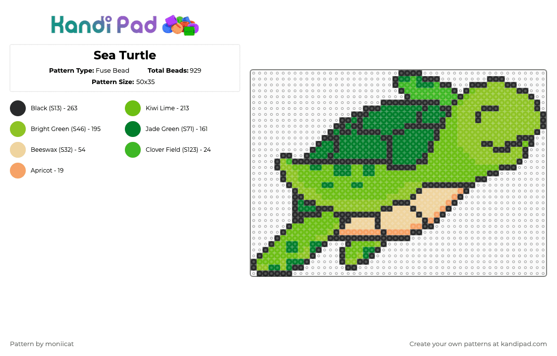 Sea Turtle - Fuse Bead Pattern by moniicat on Kandi Pad - turtle,swim,cute,sea turtle,animal,ocean,green