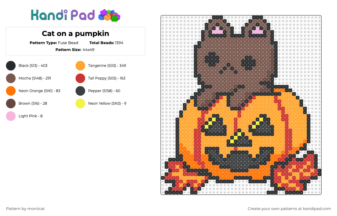 Cat on a pumpkin - Fuse Bead Pattern by moniicat on Kandi Pad - jackolantern,pumpkin,cat,halloween,cute,animal,spooky,holiday,tan,orange,red