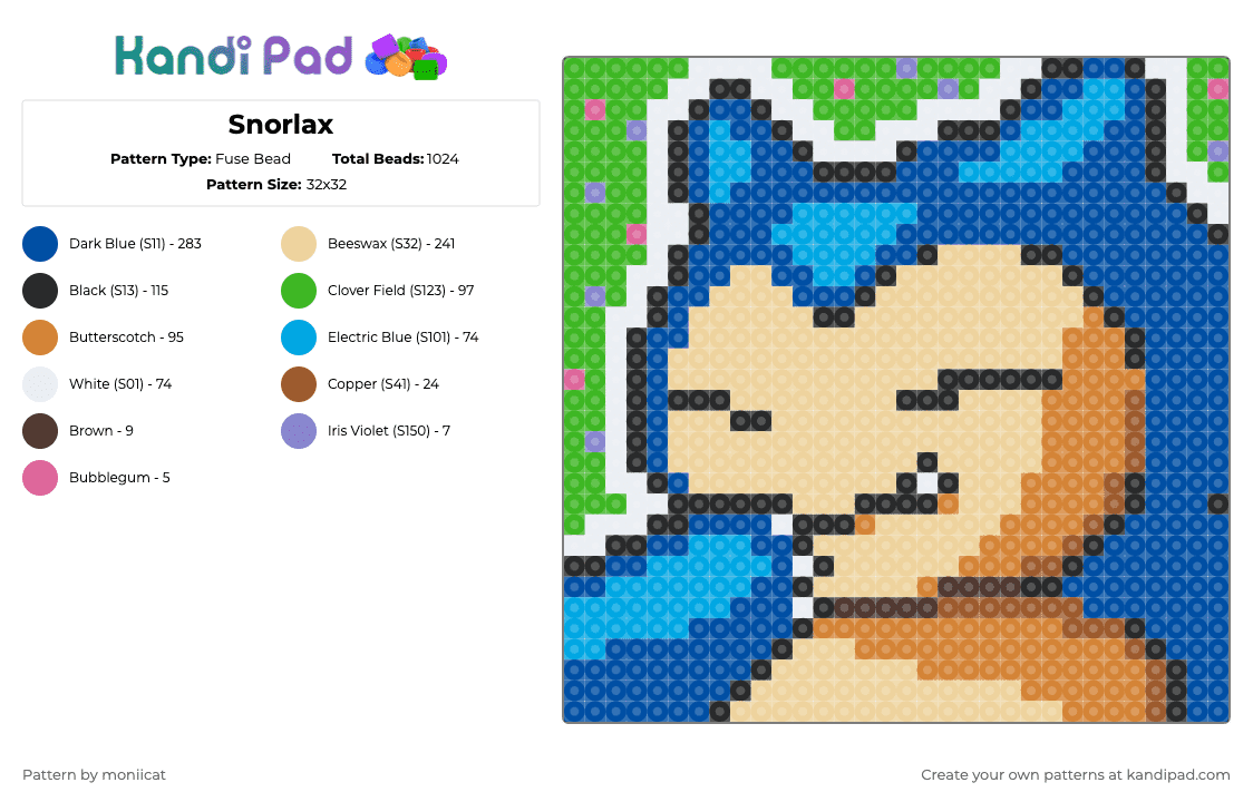 Snorlax - Fuse Bead Pattern by moniicat on Kandi Pad - green,blue,beige,orange
