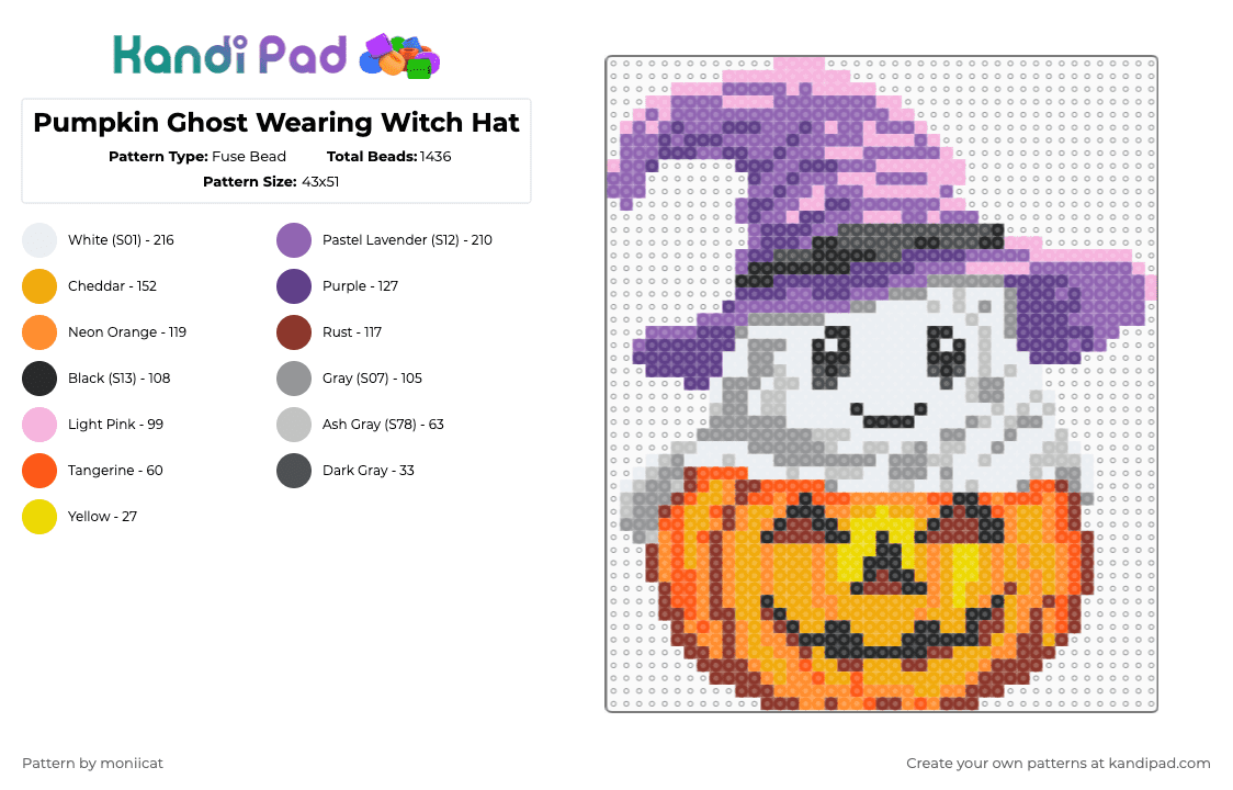 Pumpkin Ghost Wearing Witch Hat - Fuse Bead Pattern by moniicat on Kandi Pad - pink,orange