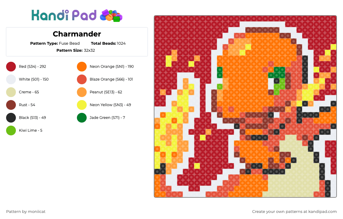 Charmander - Fuse Bead Pattern by moniicat on Kandi Pad - orange,red