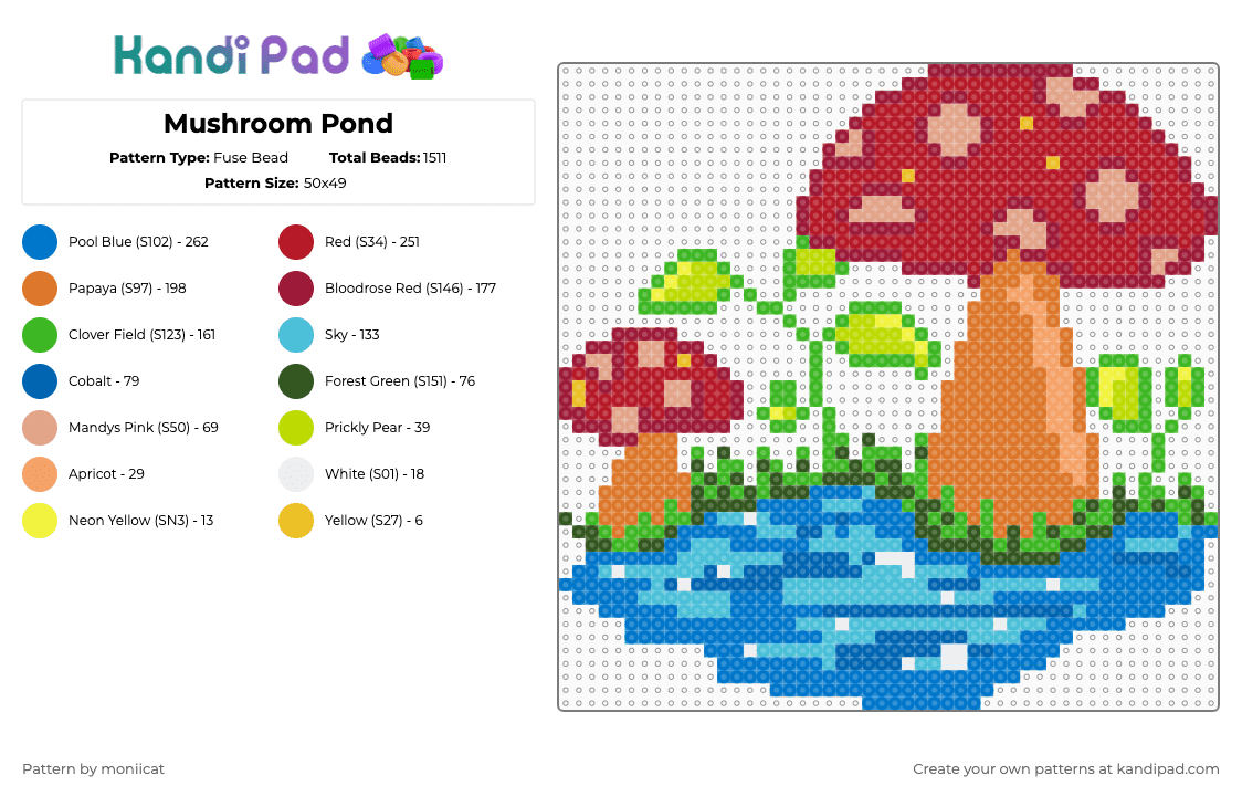 Mushroom Pond - Fuse Bead Pattern by moniicat on Kandi Pad - red,green,orange,blue