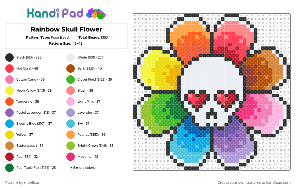 Rainbow Skull Flower - Fuse Bead Pattern by moniicat on Kandi Pad - red,pink,green,orange