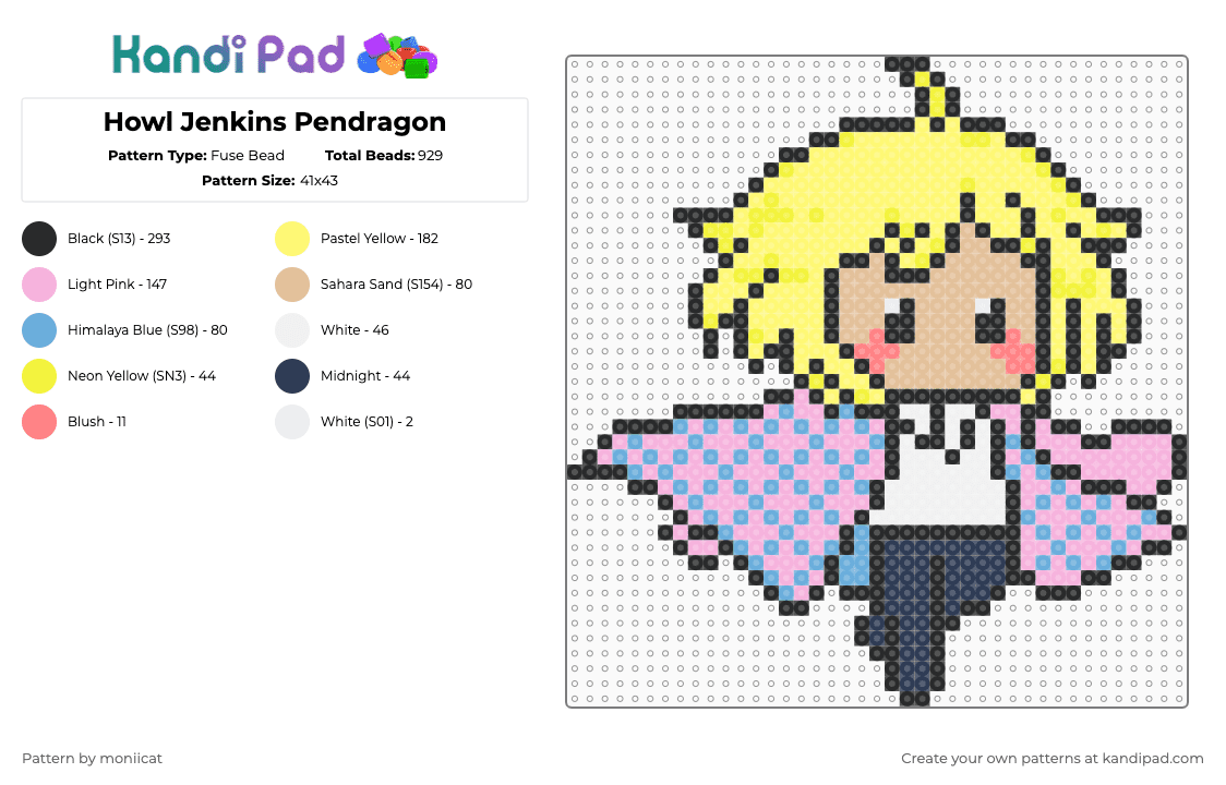 Howl Jenkins Pendragon - Fuse Bead Pattern by moniicat on Kandi Pad - yellow,pink