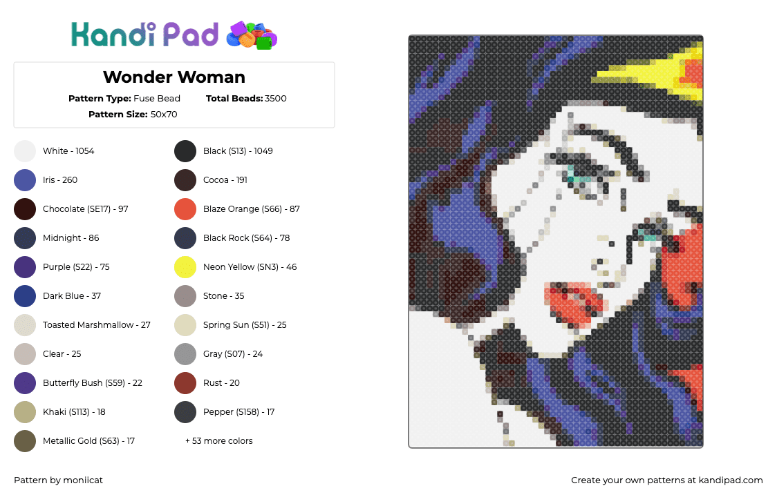 Wonder Woman - Fuse Bead Pattern by moniicat on Kandi Pad - white,purple,gray,beige,colorful