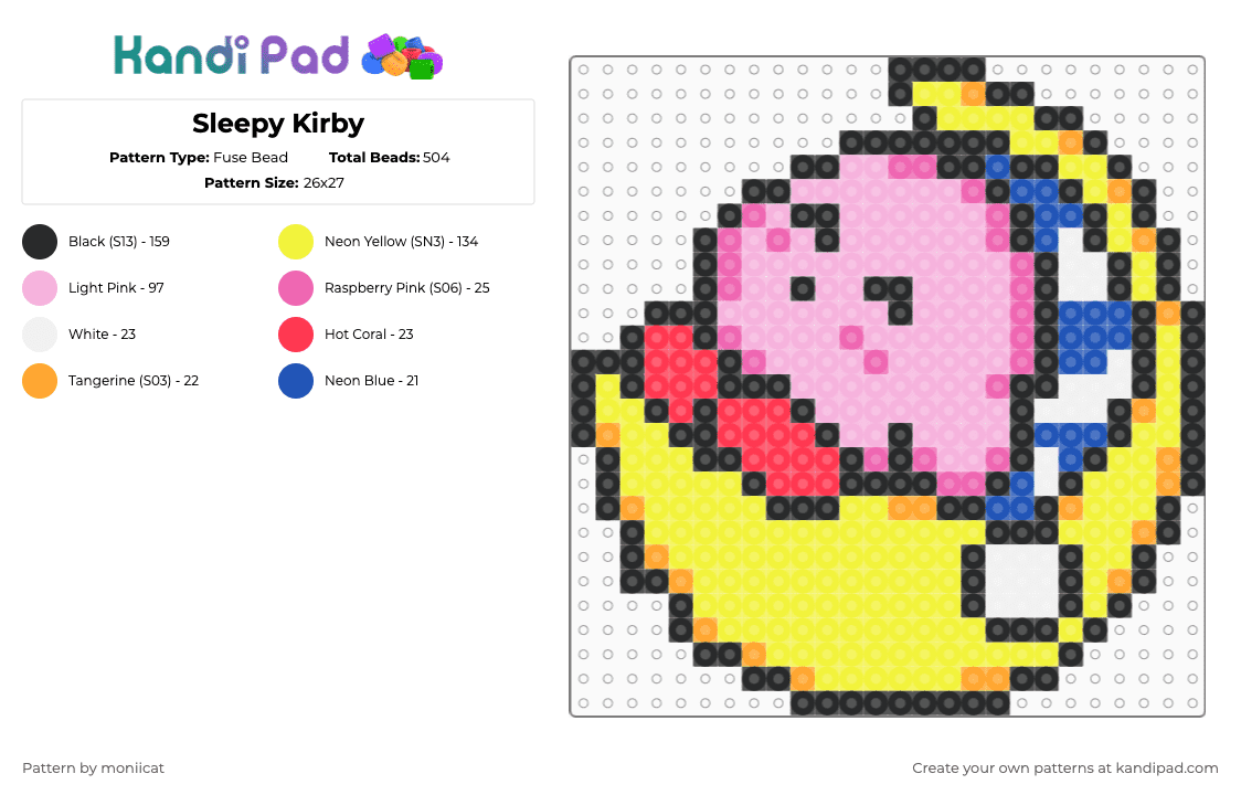Sleepy Kirby - Fuse Bead Pattern by moniicat on Kandi Pad - kirby,sleep,moon,nintendo,character,video game,gaming,yellow,pink