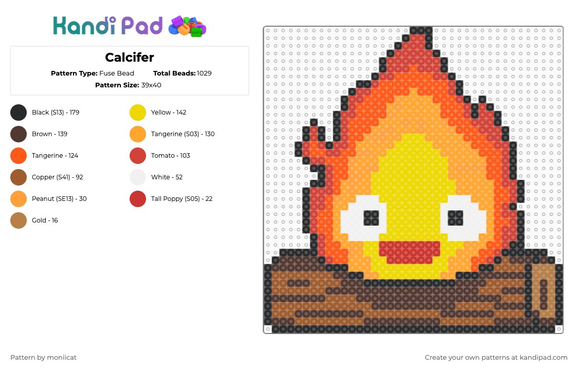 Calcifer - Fuse Bead Pattern by moniicat on Kandi Pad - calcifer,howls moving castle,fire,flame,character,ghibli,demon,disney,movie,animation,anime,cartoon,orange