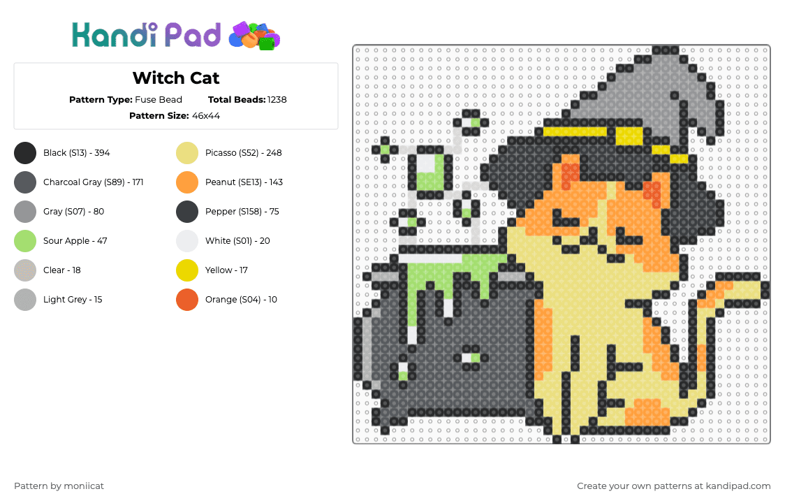 Witch Cat - Fuse Bead Pattern by moniicat on Kandi Pad - cat,witch,halloween,cauldron,cute,spooky,animal,fantasy,holiday,gray,yellow,orange