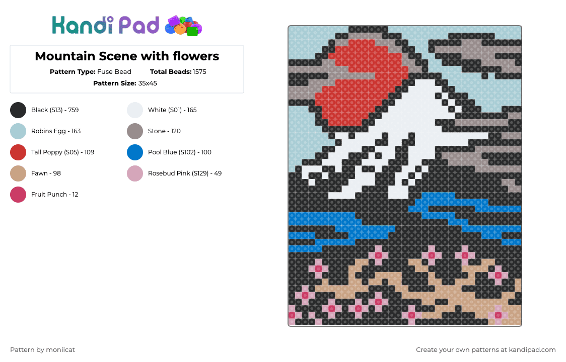 Mountain Scene with flowers - Fuse Bead Pattern by moniicat on Kandi Pad - black,light blue,blue,colorful