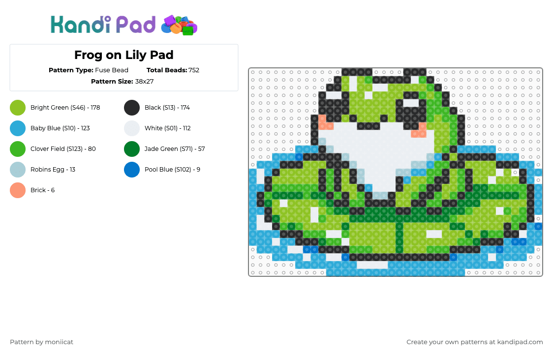 Frog on Lily Pad - Fuse Bead Pattern by moniicat on Kandi Pad - frog,lily pad,cute,amphibian,animal,nature,plant,green,light blue