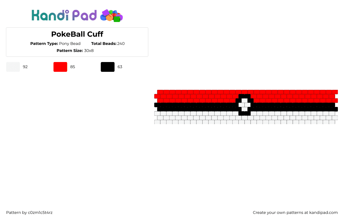PokeBall Cuff - Pony Bead Pattern by c0zm1c5t4rz on Kandi Pad - white,red,pokemon,pokeball,even peyote,black