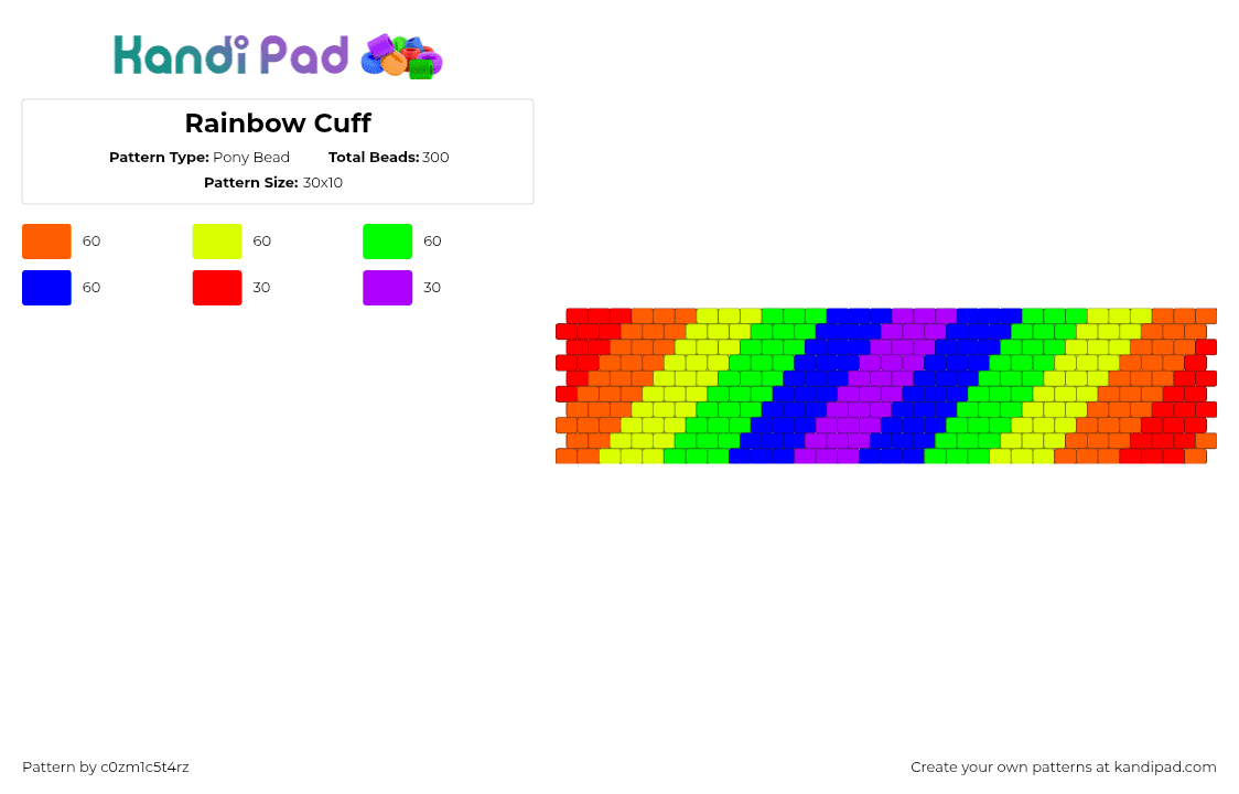 Rainbow Cuff - Pony Bead Pattern by c0zm1c5t4rz on Kandi Pad - orange,yellow,green,purple,rainbow,even peyote,red,ive
