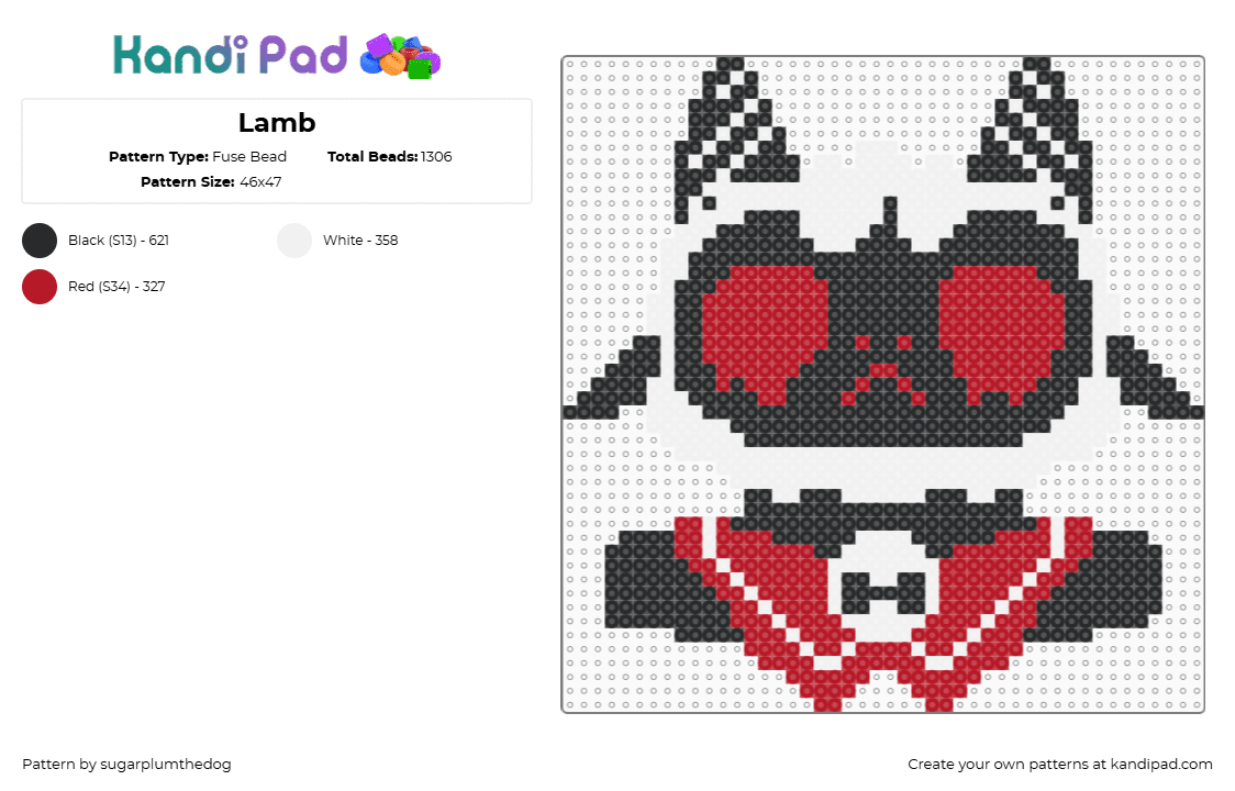 Lamb - Fuse Bead Pattern by deleted_user_559313 on Kandi Pad - lamb,cult of the lamb,character,portrait,spooky,gaming,video game,halloween,white,red