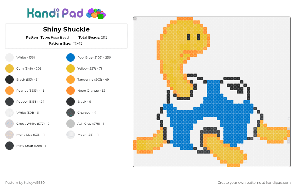 Shiny Shuckle - Fuse Bead Pattern by haleyw9990 on Kandi Pad - white,orange,yellow,blue,pokemon