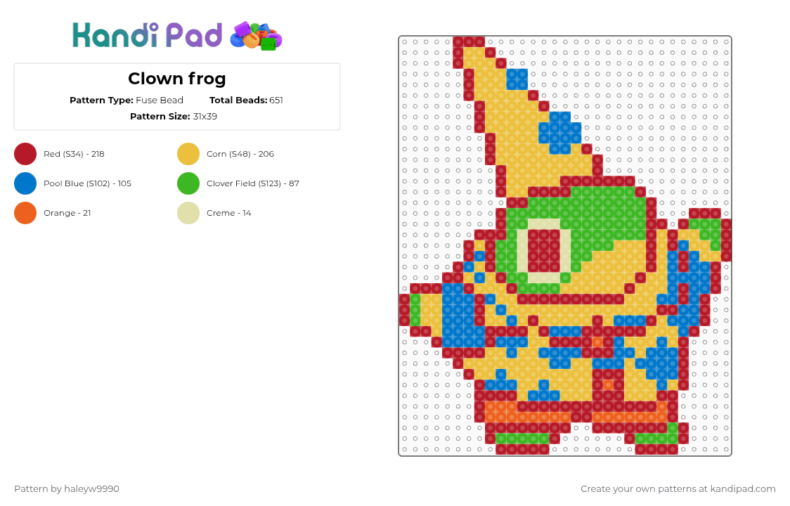 Clown frog - Fuse Bead Pattern by haleyw9990 on Kandi Pad - red,yellow,clown,frog,clowncore