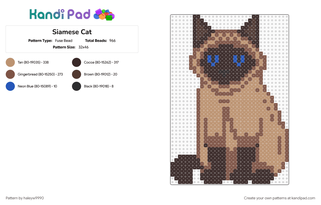 Siamese Cat - Fuse Bead Pattern by haleyw9990 on Kandi Pad - beige, brown, tan