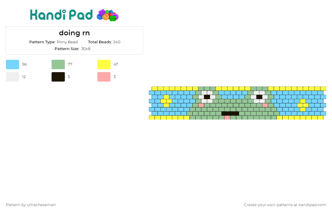doing rn - Pony Bead Pattern by ultracheseman on Kandi Pad - frog,animal,cuff,bracelet,playful,soothing,charming,gentle,expression,green,blue