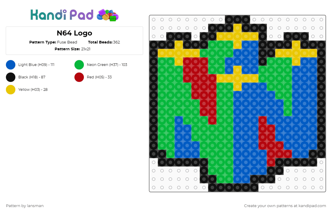 N64 Logo - Fuse Bead Pattern by lansman on Kandi Pad - blue,green