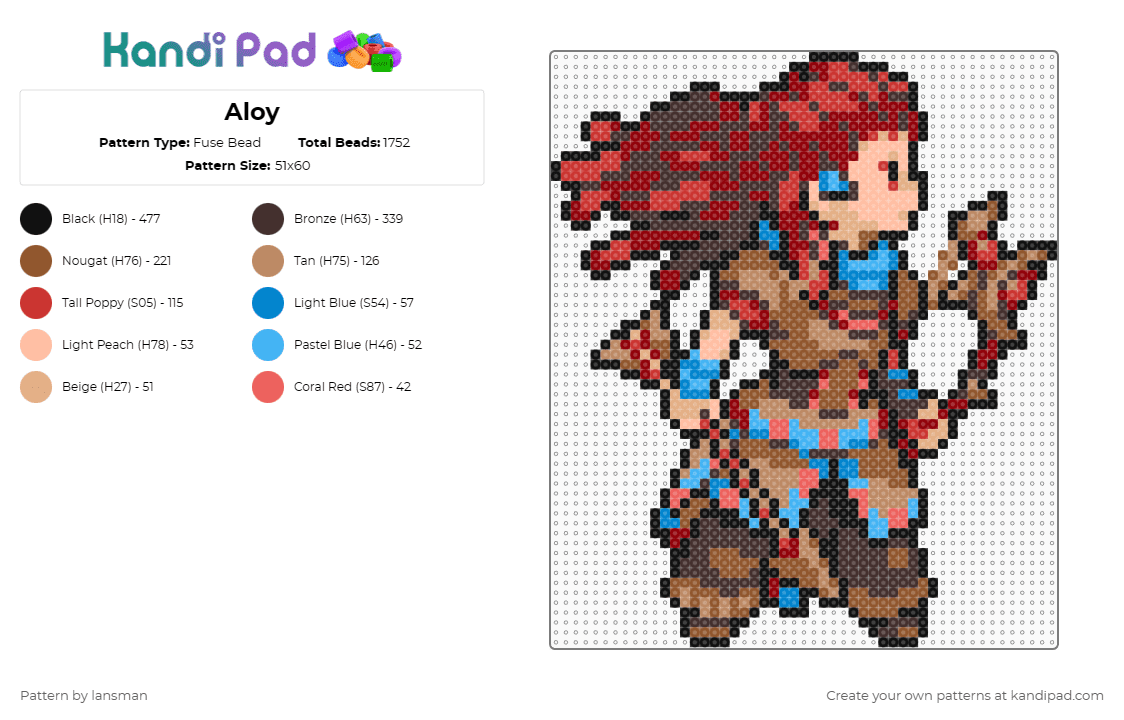 Aloy - Fuse Bead Pattern by lansman on Kandi Pad - red,brown,tan