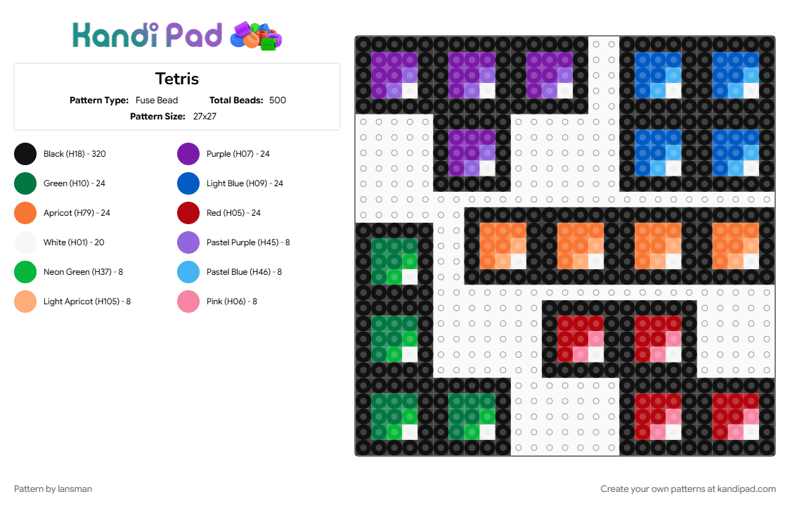 Tetris - Fuse Bead Pattern by lansman on Kandi Pad - black, colorful, green, orange