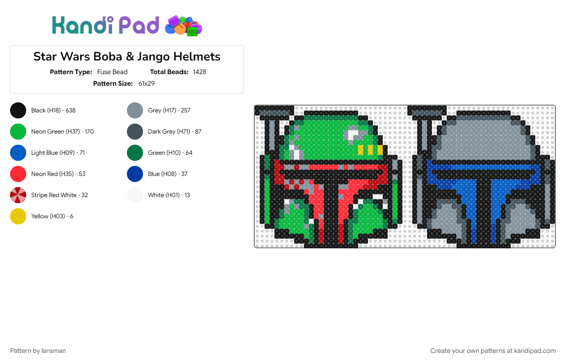 Star Wars Boba & Jango Helmets - Fuse Bead Pattern by lansman on Kandi Pad - black, gray, green