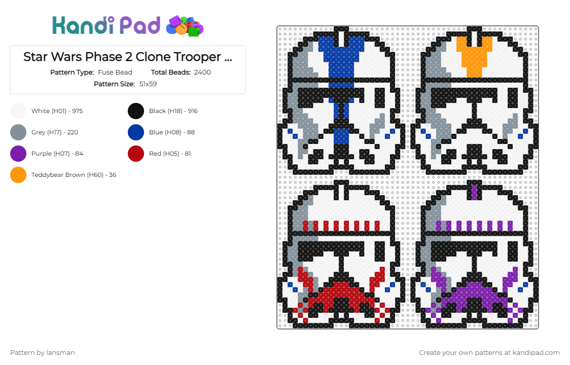 Star Wars Phase 2 Clone Trooper Helmets - Fuse Bead Pattern by lansman on Kandi Pad - white,gray