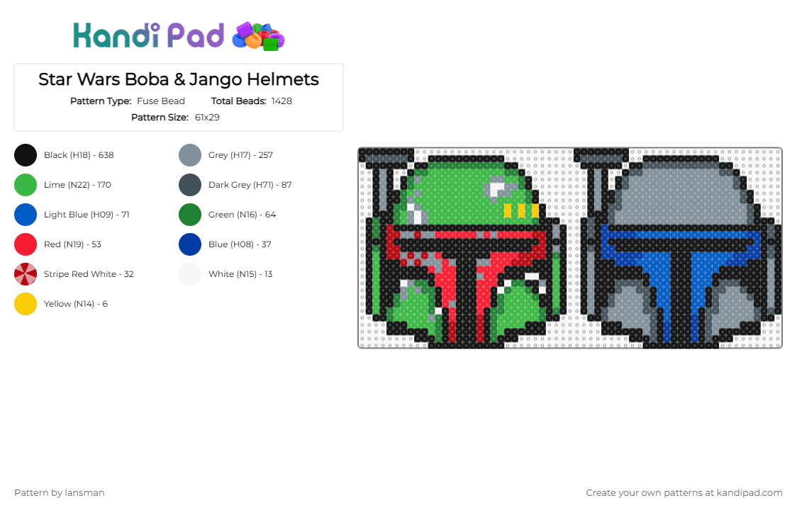 Star Wars Boba & Jango Helmets - Fuse Bead Pattern by lansman on Kandi Pad - black,green,gray