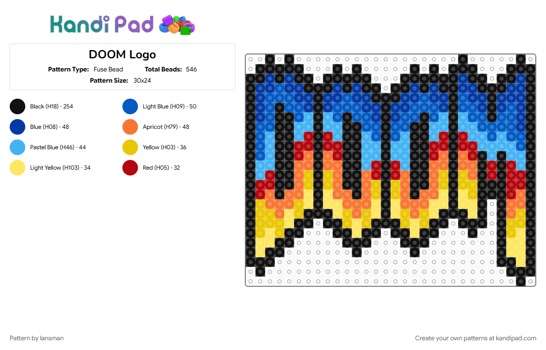 DOOM Logo - Fuse Bead Pattern by lansman on Kandi Pad - black, blue, yellow